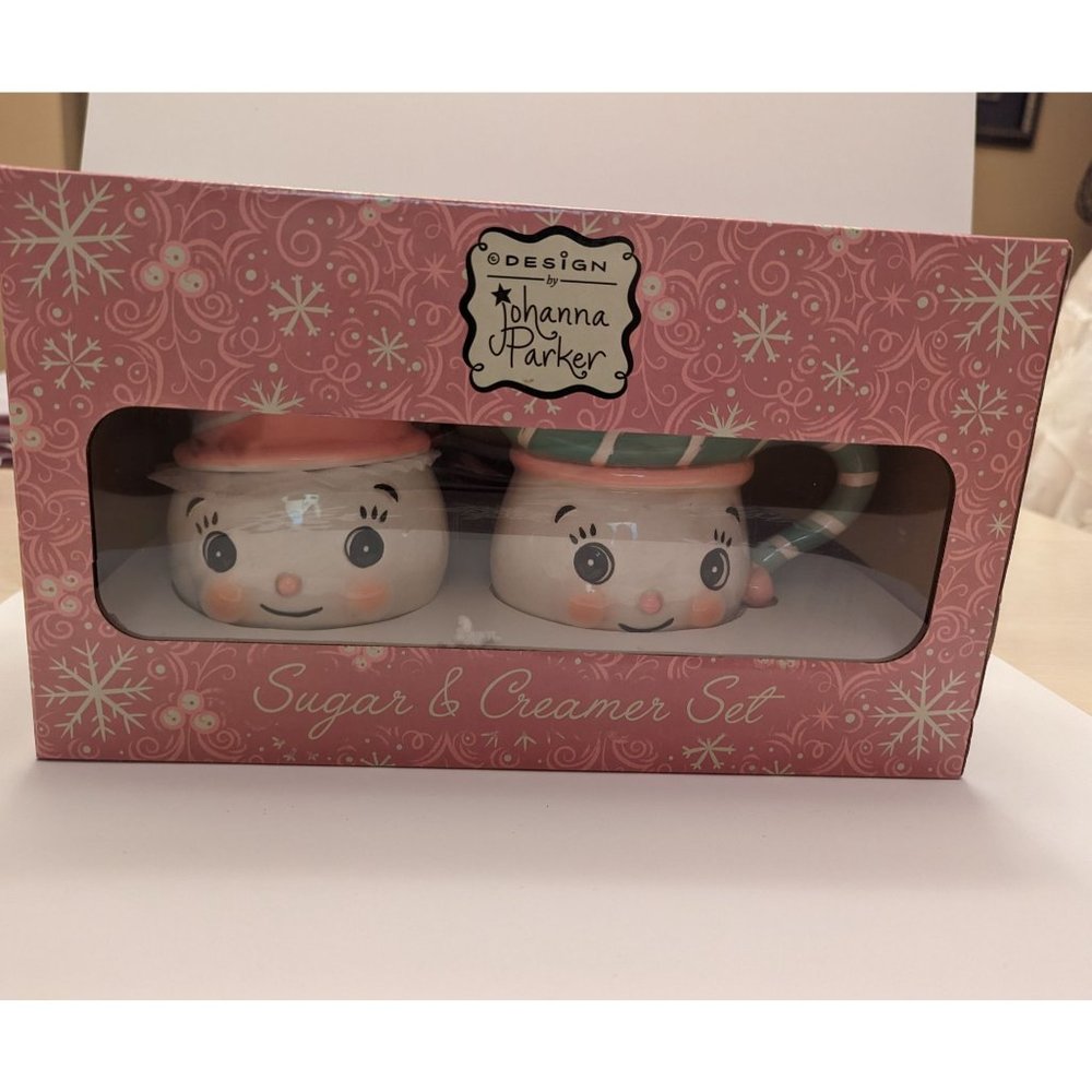 Johanna Parker Pink & Green Snowpeople Sugar & Creamer Set